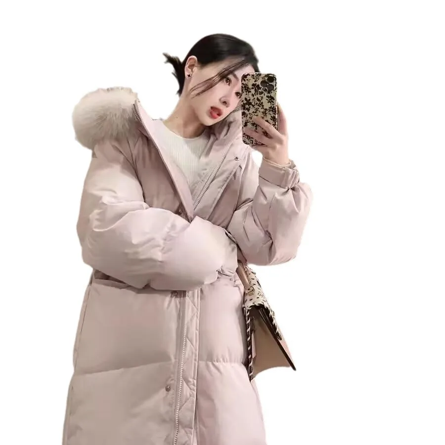 Long College Style Down Jacket Loose Padded Winter Hooded Zipper Pocket Commuter Style Women's Cotton-padded Jacket Coat