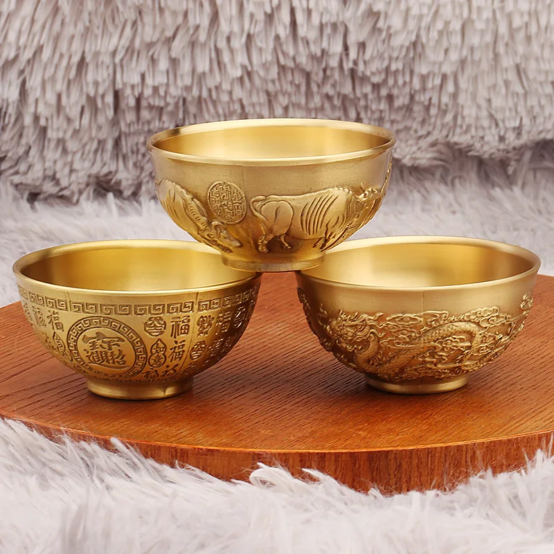Brass Five Ox Water Supply Bowl Chinese Style Home Restaurant Decoration Ornament Buddhist Supplies Double Dragon Hundred Blessi