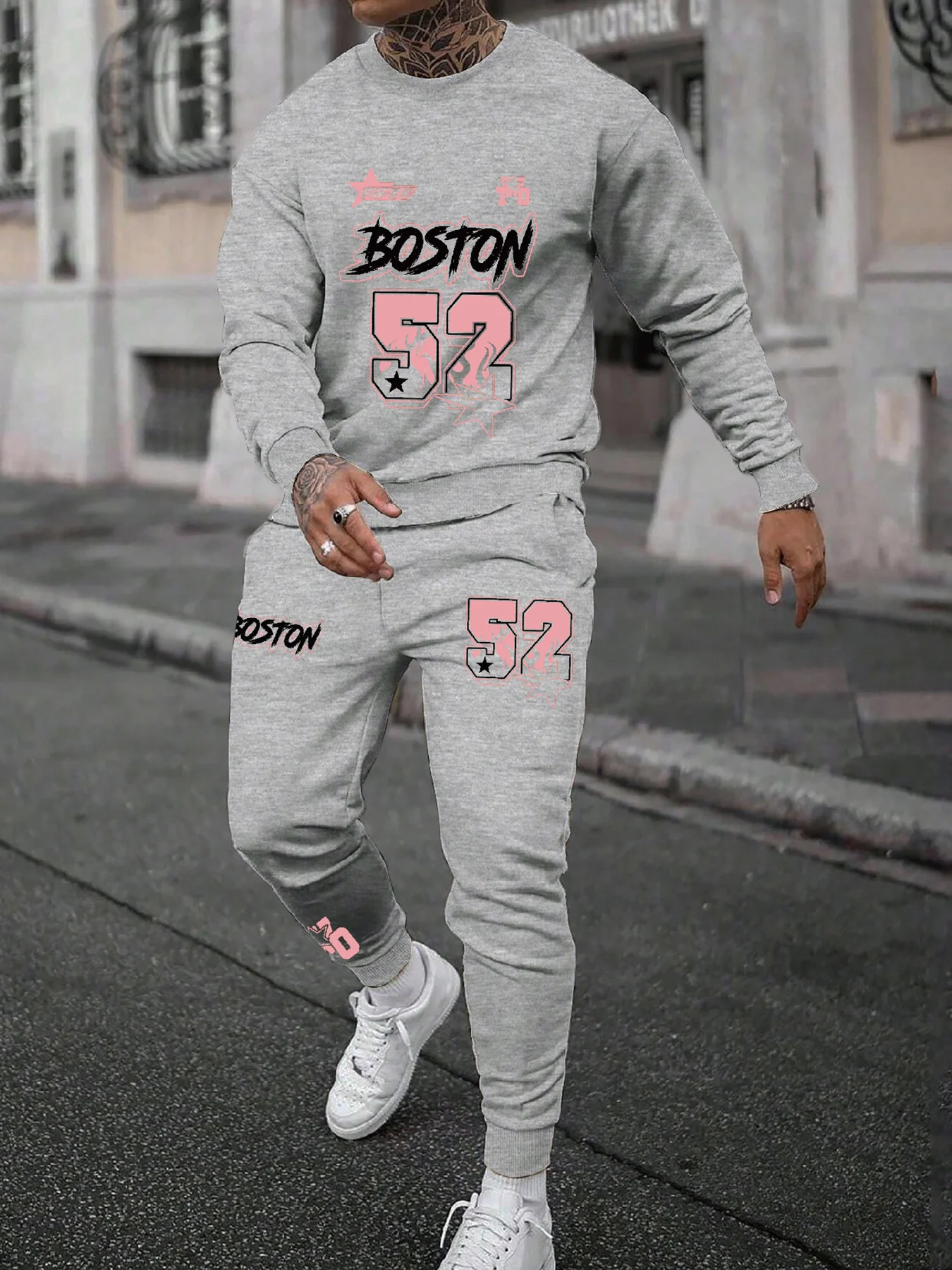 

Round neck sweatshirt suit black Boston No. 52 flame print Casual sports