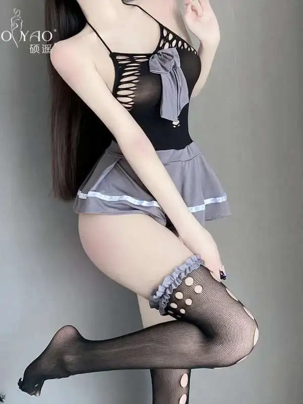 女性甘いファッション JK ミニドレス透明中空セクシーなメッシュドレスエレガントな学生制服スプライシングメッシュ服 KQ96