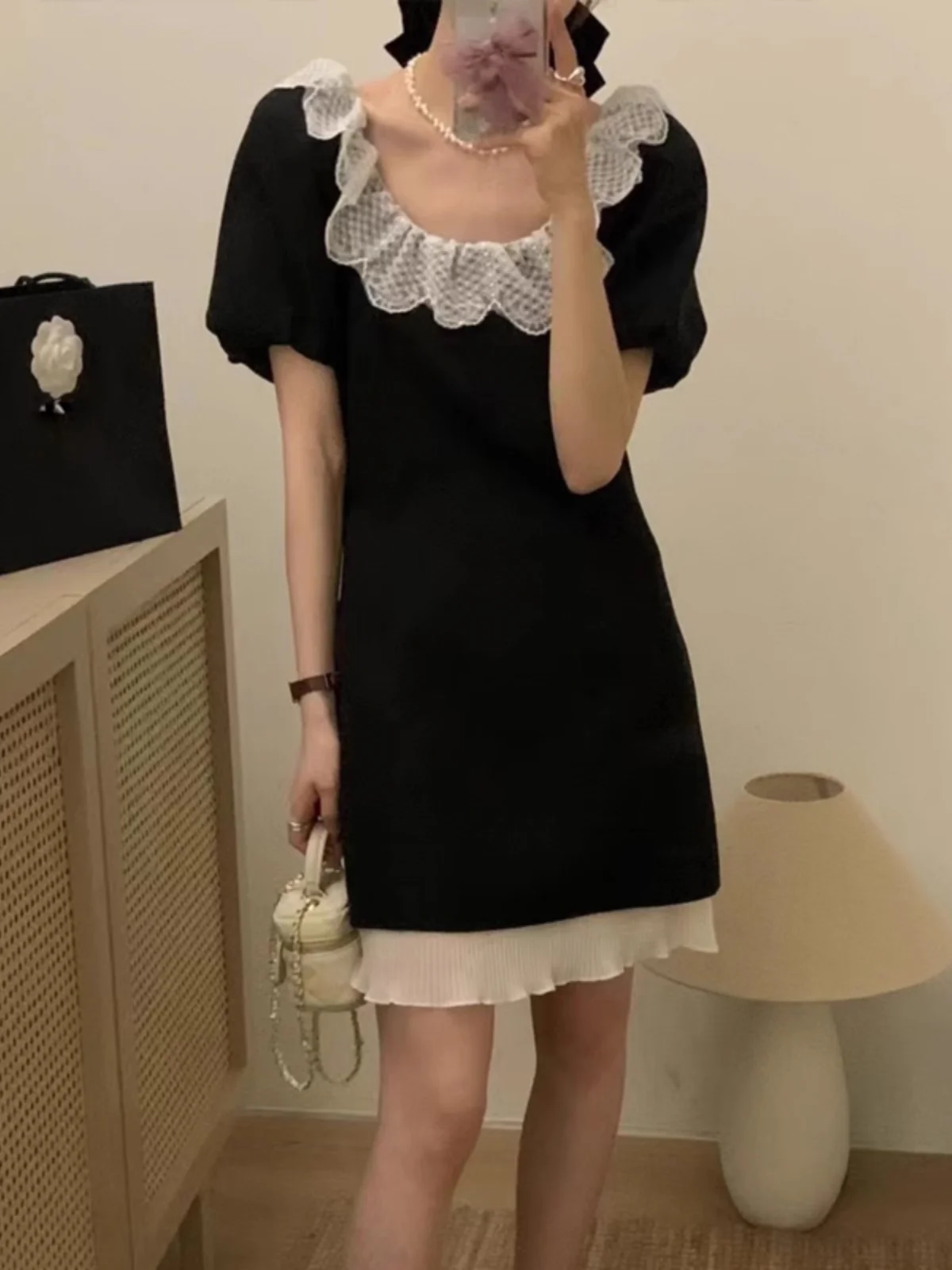Chic Lace Trimmed Doll Collar Bubble Sve ort A-Line Dr Women's Faion Korean Sle High Waist ort Skirt Dr