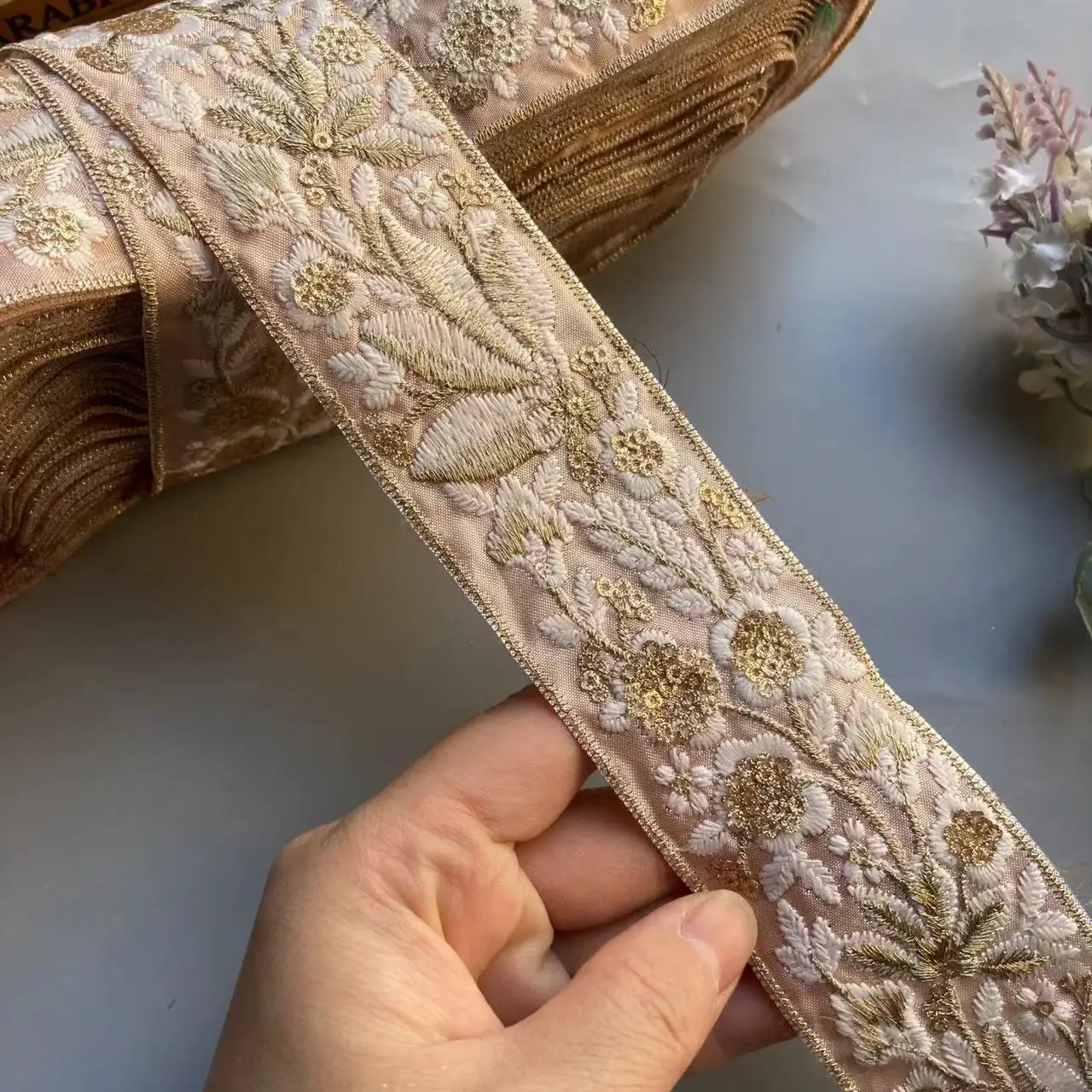 1 Yard Apricot Embroidery Flowers Sequin Fabric Gold thread Lace Ribbon Ethnic Clothing Dress Sewing Trims Craft Decoration New