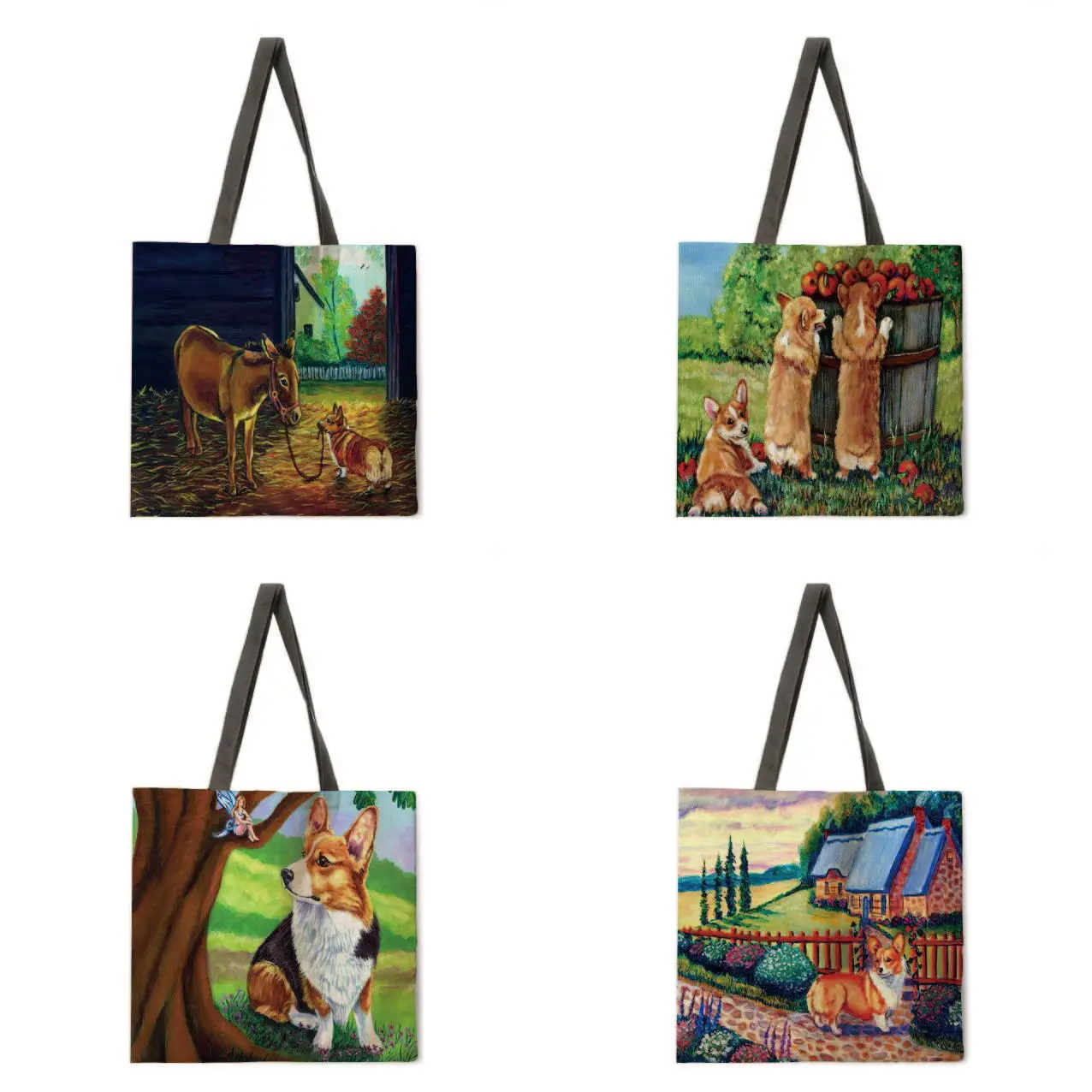 

Corgi dog linen bag handbag light shoulder bag large capacity eco-friendly shopping bag handbag tote bag