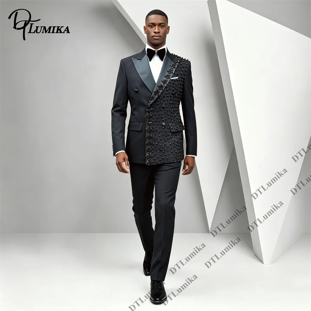 Asymmetric Rhinestone Blazer Pants 2 Piece Suit for Men, Peak Lapel Double Breasted Wedding Grrom Suit Tuxedo Stage Performance