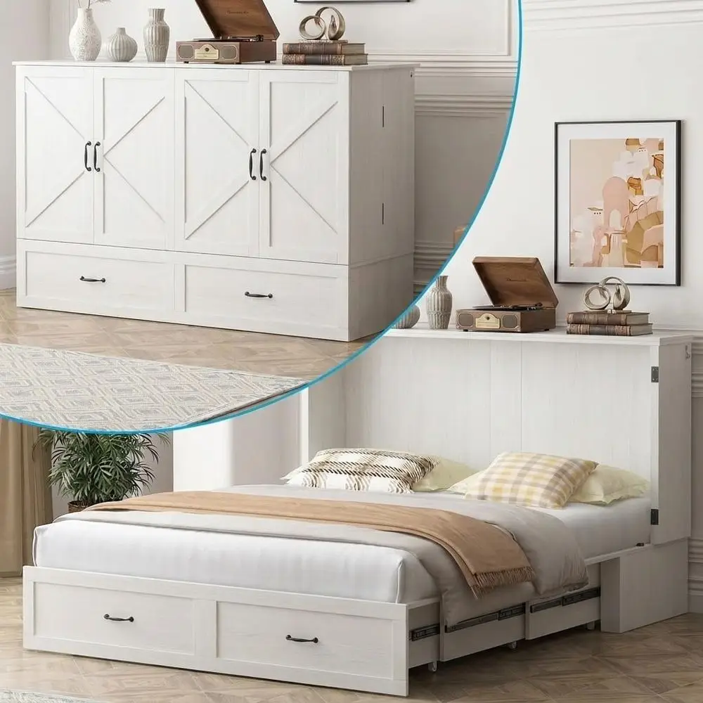 

Queen Size Wall-Mounted Cabinet Bed with Tri-fold Mattress, USB Port, Space-Saving Design, White Finish