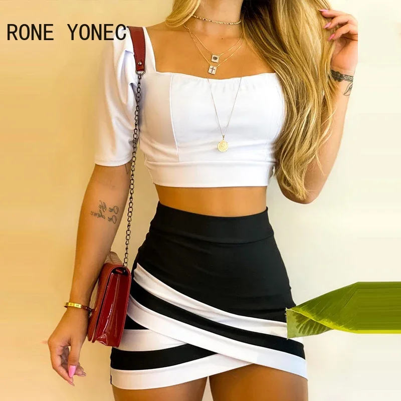 Women Plain Short Sleeve Crop Top & High Waisted Colorblock Skirt Set Summer Vacation Suit