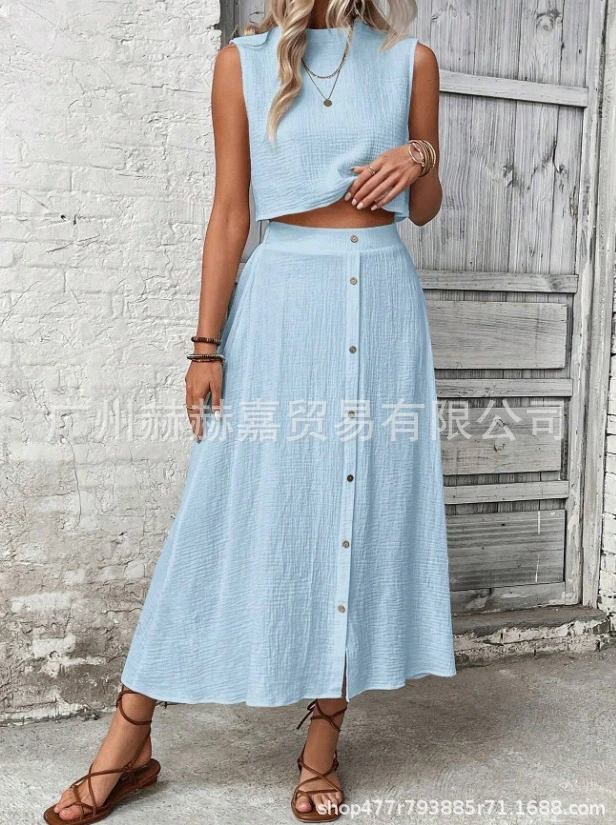 Button Design with Split A-Line Buttocks Waist Length Skirt Round Neck Sleeveless Short Top Cotton Linen Skirt Solid Color Set