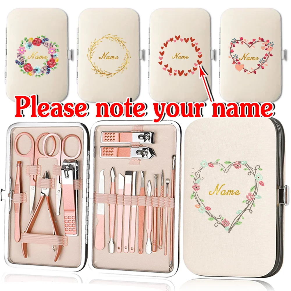 Customized Name 18Pcs Manicure Set Nail Clipper Organizer Stainless Steel Pedicure Kit Box Portable Travel Case Nail Cutter Tool