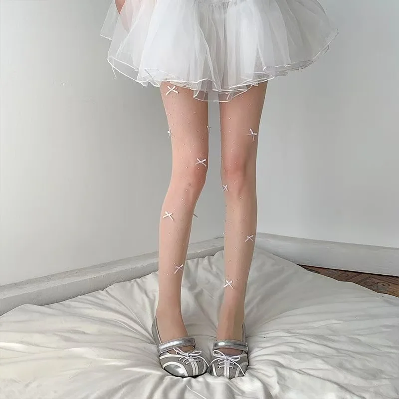 Japanese  Kawaii Lolita Bowkont Tights Shiny RhinestoneSheer Tights JK Styles Sweet Girls Stockings Party Cosplay Daily Wear