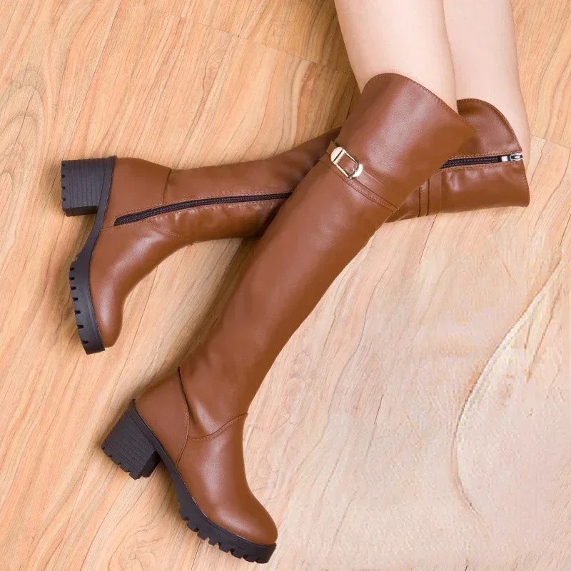 Fashion Long Boots for Women Metal Belt Buckle Round Toe Retro Riding Boot Ladies Knee High Boots Chunky Platform Botas 2024