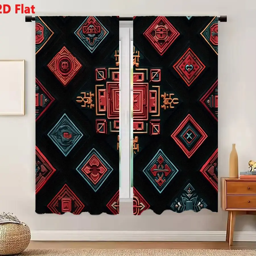 2Pcs Curtains Add 2D Flat Symmetrical Geometric Diamond Pattern Red Bronze Blue Teal Ornate Emblem Mandala Seal Cross Symbol Dec