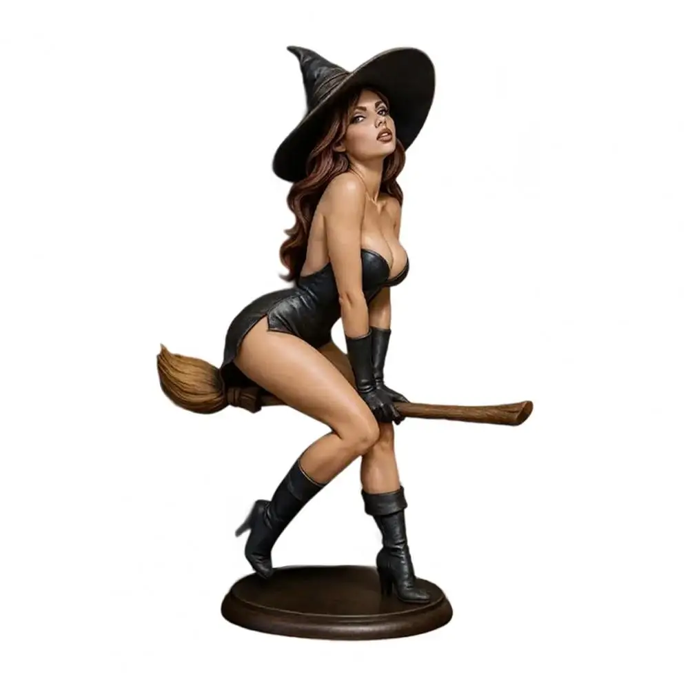 Witch Figurine Sexy Witch Bookshelf Figurine Hand-painted Resin Dark Fairy Witch Riding Broom Statue for Home Decor Gift