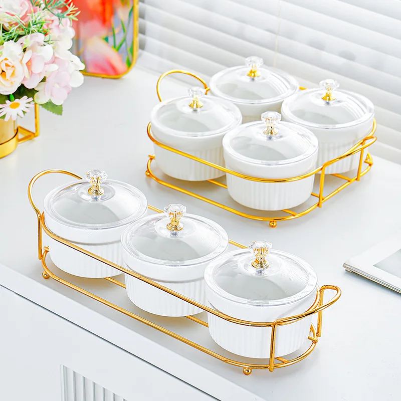 

New Nordic Style Creative Ceramic Dessert Bowl with Plastic Lid Afternoon Tea Snack Plate Dried Fruit Dish​