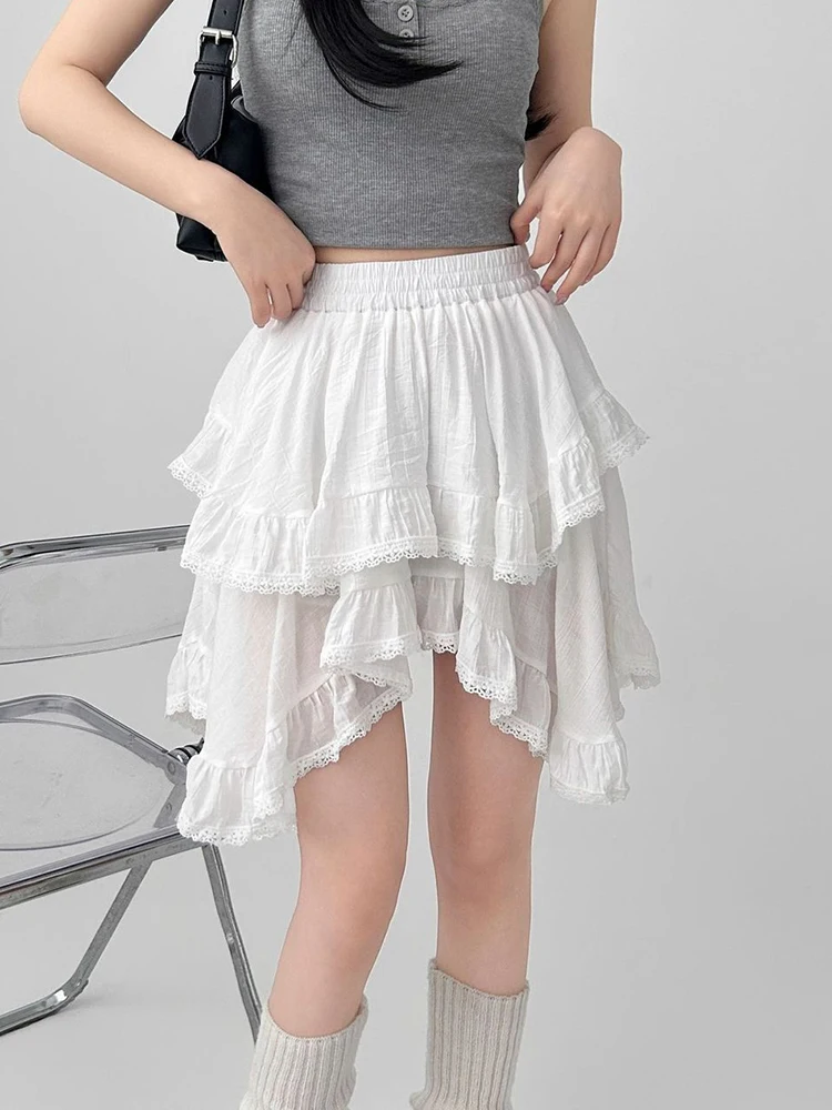 Jmprs Preppy Style White Mini Skirt Women High Waist Loose Sweet A Line Skirts Korean Fashion Irregular Ruffles Elegant Skirt