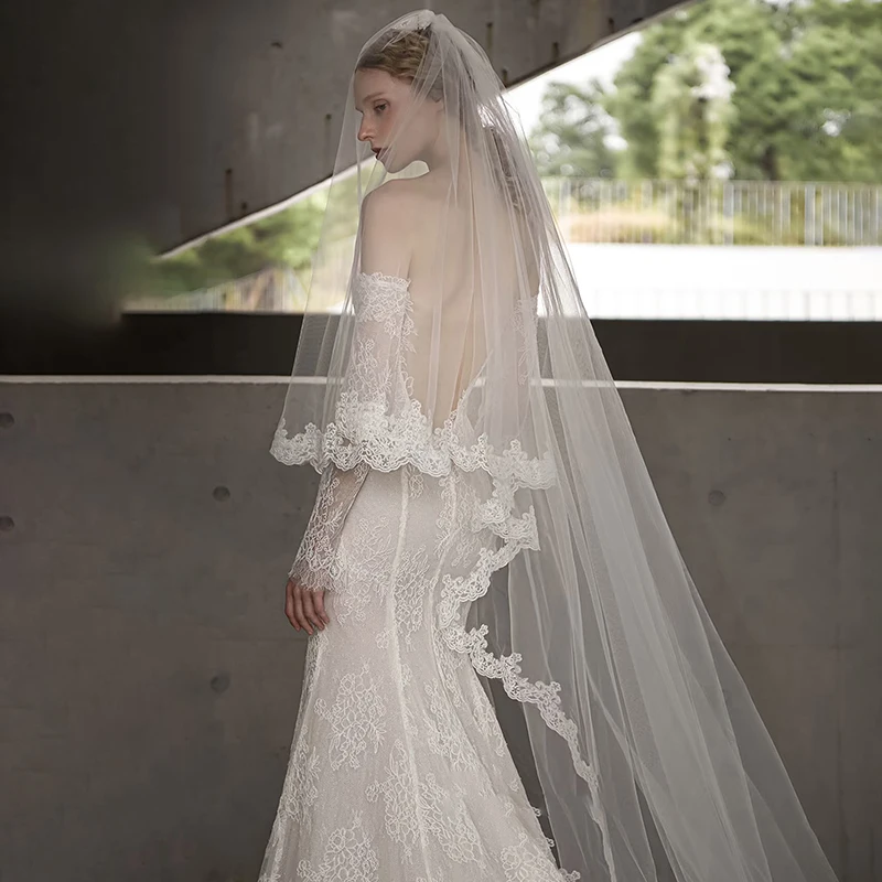 Schulterfreies, langärmliges Meerjungfrau-Hochzeitskleid für Damen mit kleiner Schleppe, leichte Luxus-Spitze, Brautkleid für die Braut