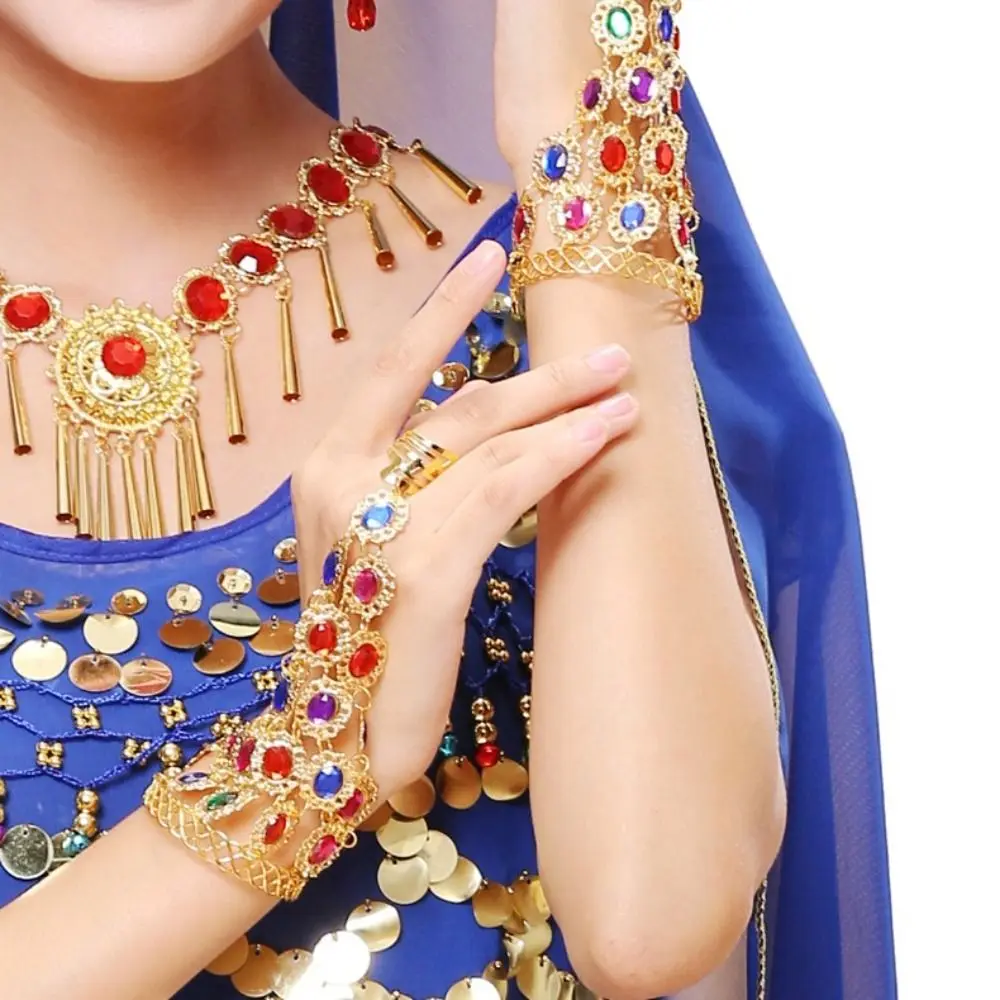 Fashion Ring Indian Dance Performance Jewelry Alloy Rhinestone Diamond Bracelet with Rings Finger Bracelet Gem Dance Accessories