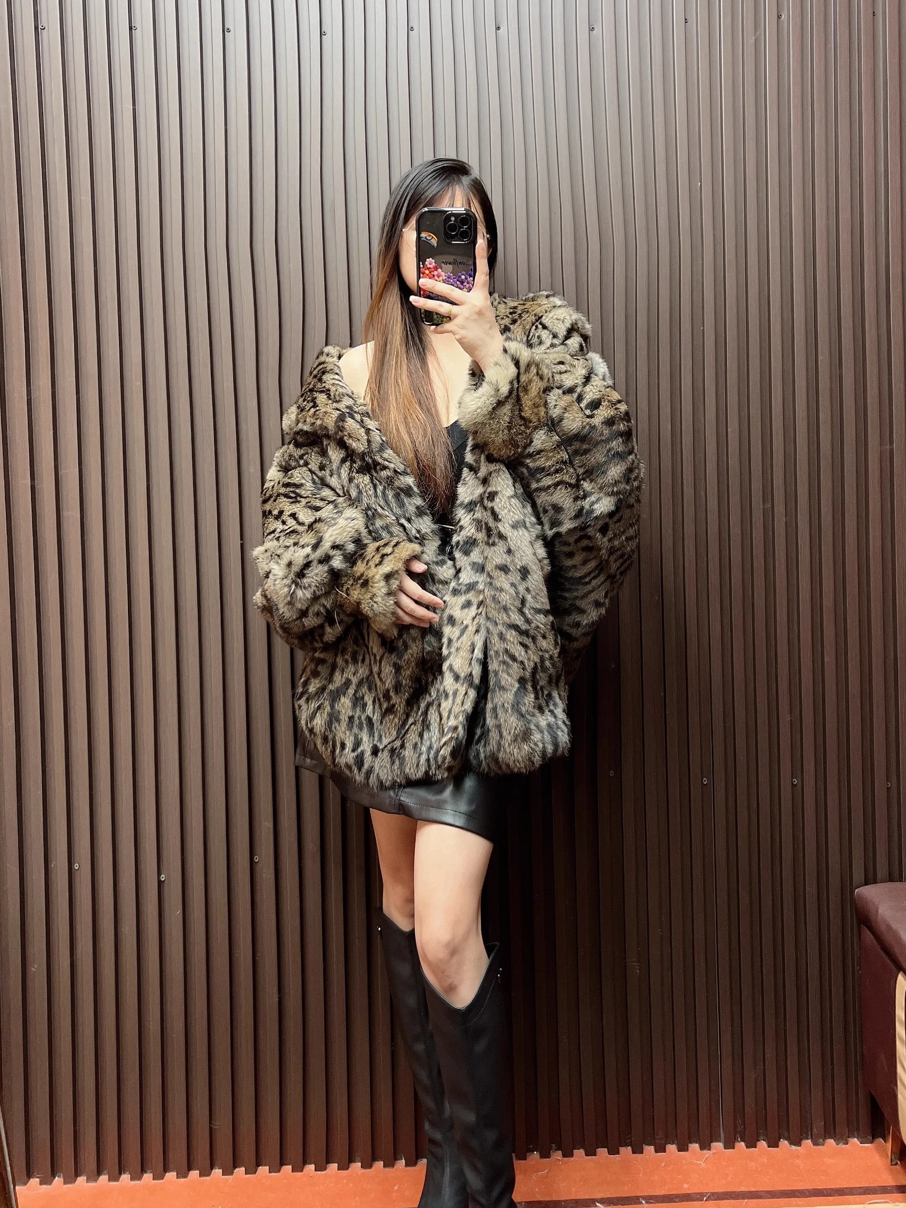 Women Winter Real Rabbit Fur Coat Leopart Print Hooded Jacket Thick Warm Fashion Overcoat Top Batwing Sleeve