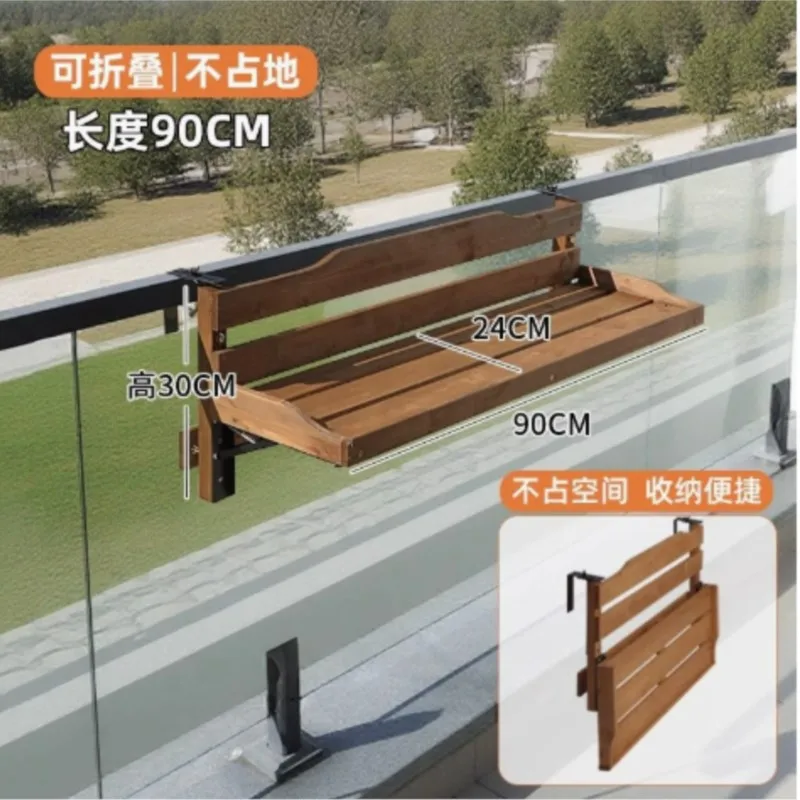 Balcony Hanging Bar Table, Foldable Solid Wood Railing Desk for Patio & Garden, Creative Flower Stand, Space-Saving Home Use
