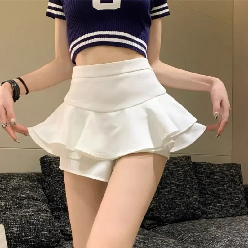 

Women Summer High Waisted Skirts Black White Wild Ruffles Pleated Skirt Female College Style Anti-Glare Mini Skirts