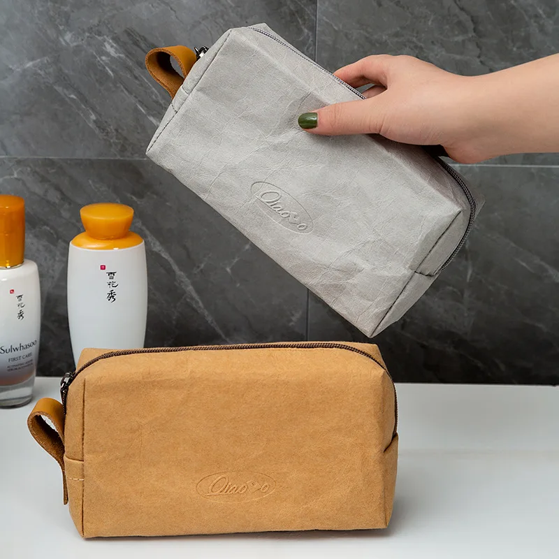 

Eco Friendly Travel Cosmetic Organizer Bag,Waterproof Portable Tear Resistant Kraft Paper Makeup/Toiletry Pouch with Soft Lining