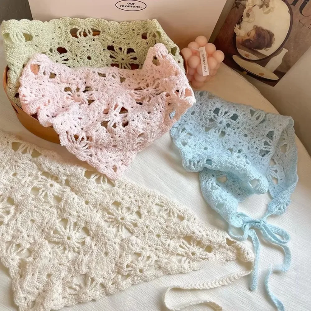 French Handmade Knitted Headscarf Hat Hollowed Triangle Crochet Headband Sunshade Flower Headscarf Beach Photography