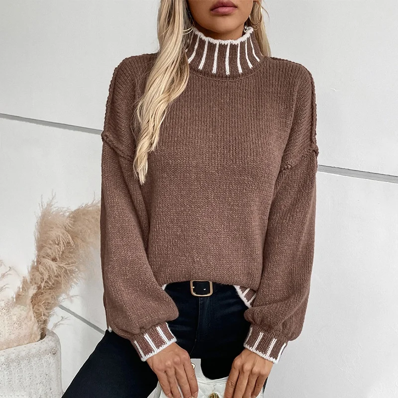Women's Striped Turtlene Sweater Loose plus Size Knit Top Long Sve Autumn Faion Ladies' Sweater Comfortable Fit Knitwear