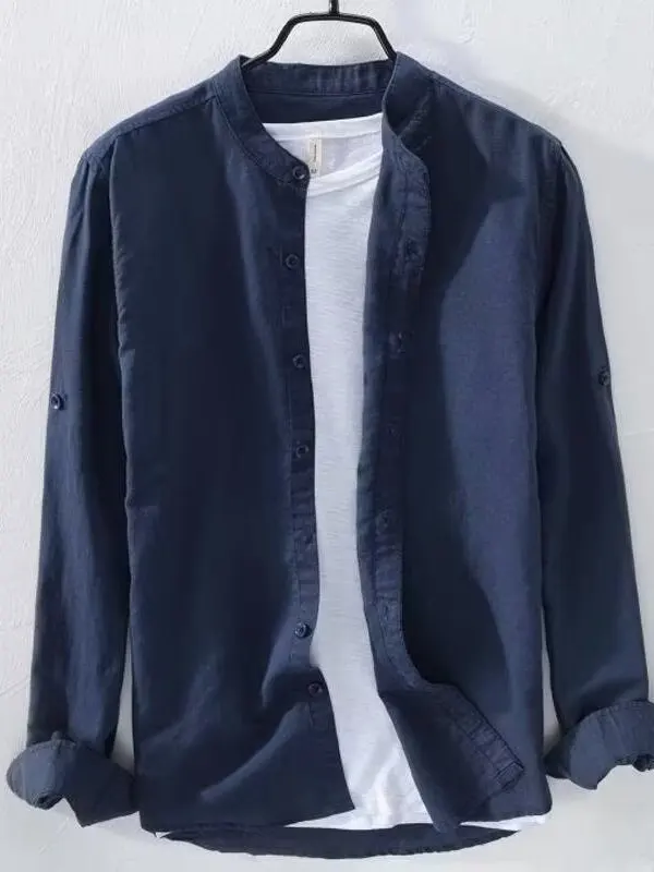

Men's Slim Fit Long Sve Linen irt Stand Collar Breathable Sun Protection Open Cardigan Wrinkles Workwear European Sle