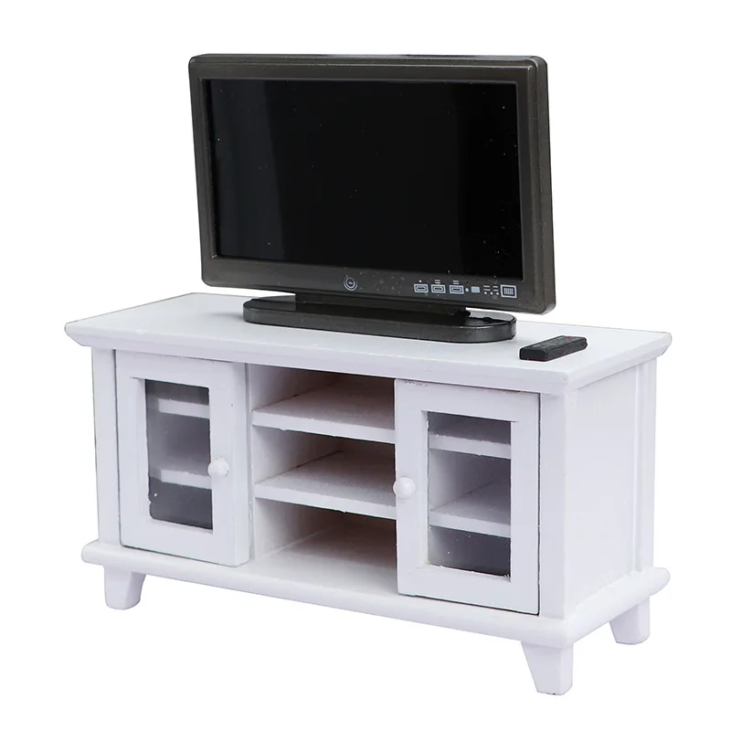 

1:12 Dollhouse Miniature Furniture - Living Room Micro Scene White Double-Door Cabinet with TV