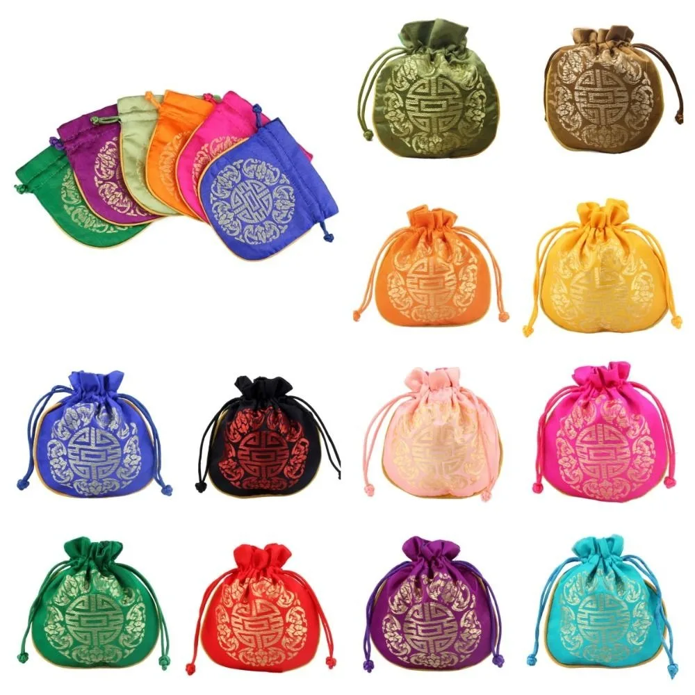 Floral Flower Drawstring Bag Chinese Style Stripe Small Coin Purse Wallet Large Capacity Storage Bag Satin Silk Flower Handbag