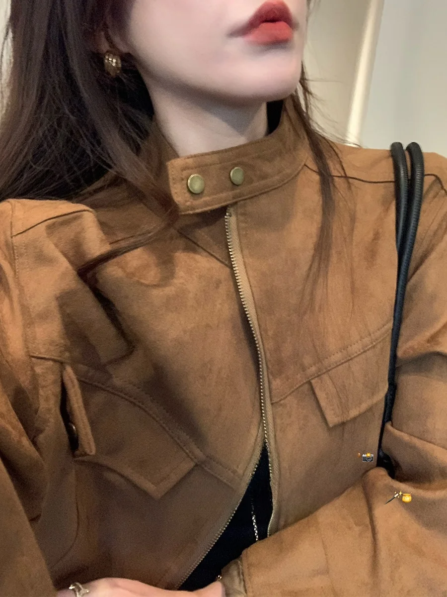 

Женский свободный пиджак MUKOK из замши, коричневый, для вечерних выходов, весны и осени, топ для повседневной носки, смесь полиэстера и спандекса