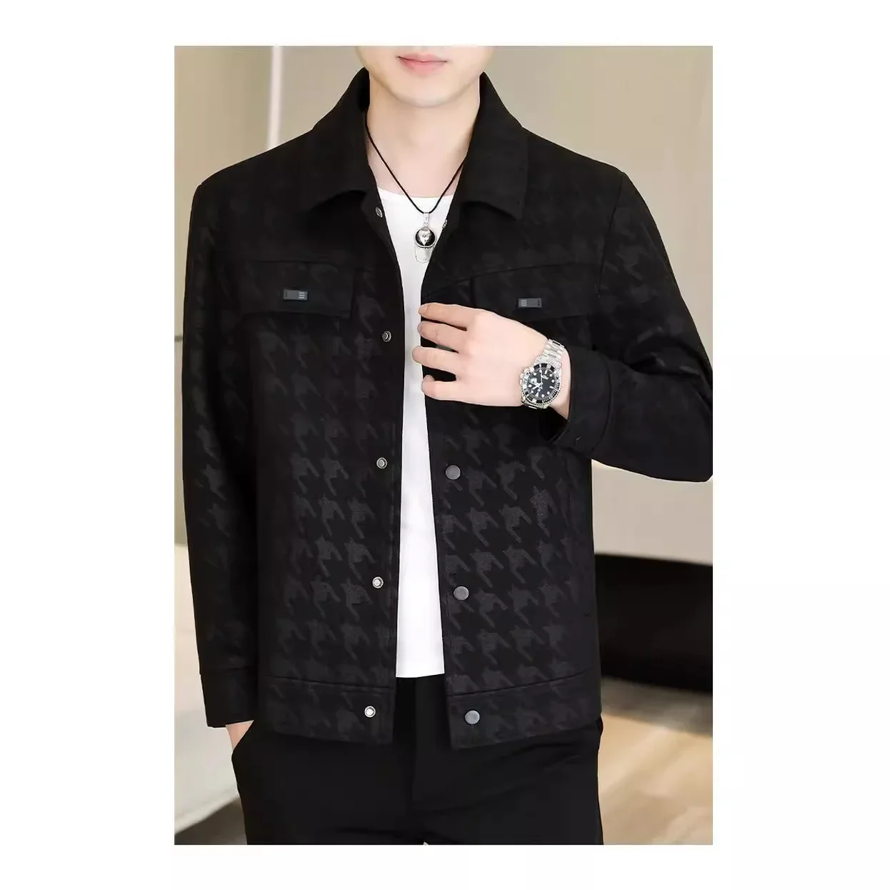 Autumn Mens Leather Jacket Male Lapels Casual Cargo Coats Korean Fashion Young Plaid Multi Pocket  Denim Jackets Men Clothing