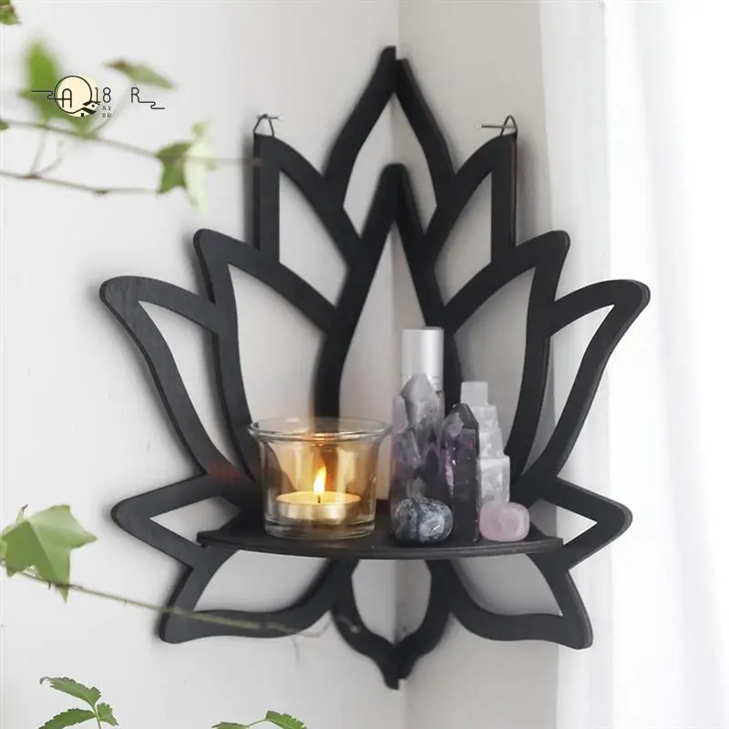 

A18R -Lotus Corner Shelf Wooden Wall Mount Floating Shelf Decorative Flower Plant Display Shelf For Bedroom Book Room Decor