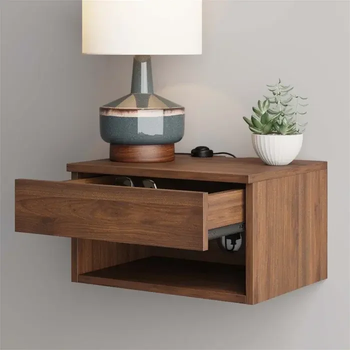 #Space-Saving Wall-Mounted Floating Bedside Nightstand with Storage Drawer Brown Wooden Shelf Cabinet