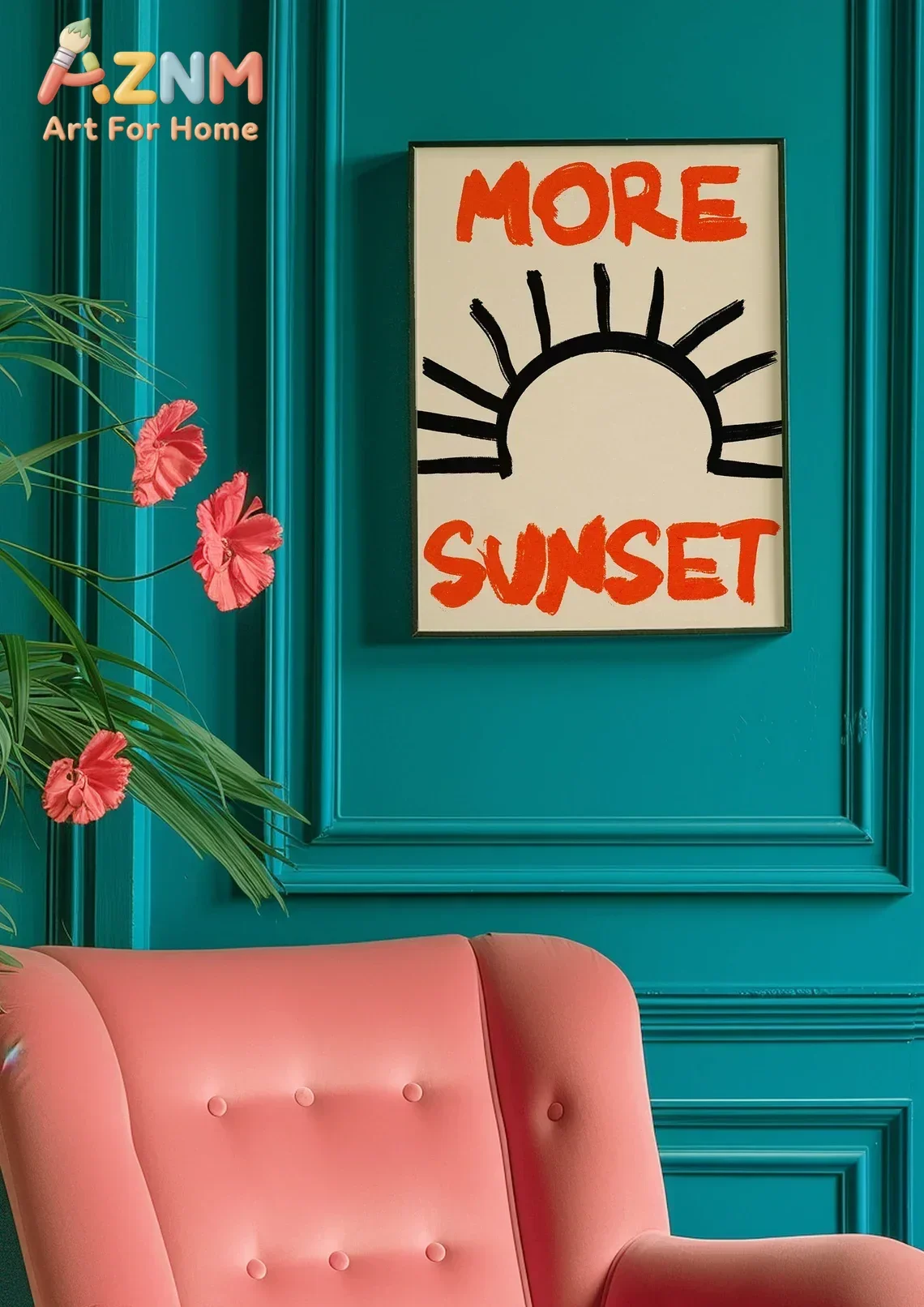 AZNM Frameless Canvas Wall Art More Sunset Handwritten Text Sun Abstract Print Retro Boho Art Poster Living Room Home Wall Decor