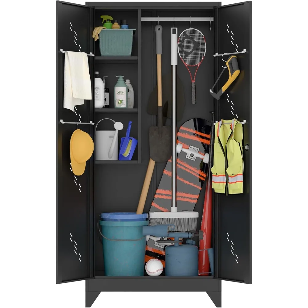 

Металлический шкаф для хранения с запирающимися дверцами, высотой 75 дюймов, гаражный шкаф для хранения вещей с подвесным стержнем, шкаф для метлы/окрема ванная комната S