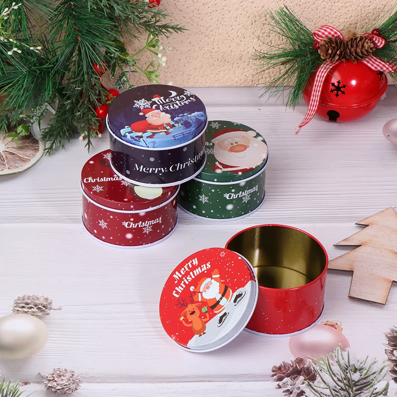 1Pc Tinplate Christmas Candy Can Round Cartoon Santa Claus Elk Letter Printed Box Xmas Candy Chocolate Cookie Box Małe pudełko upominkowe