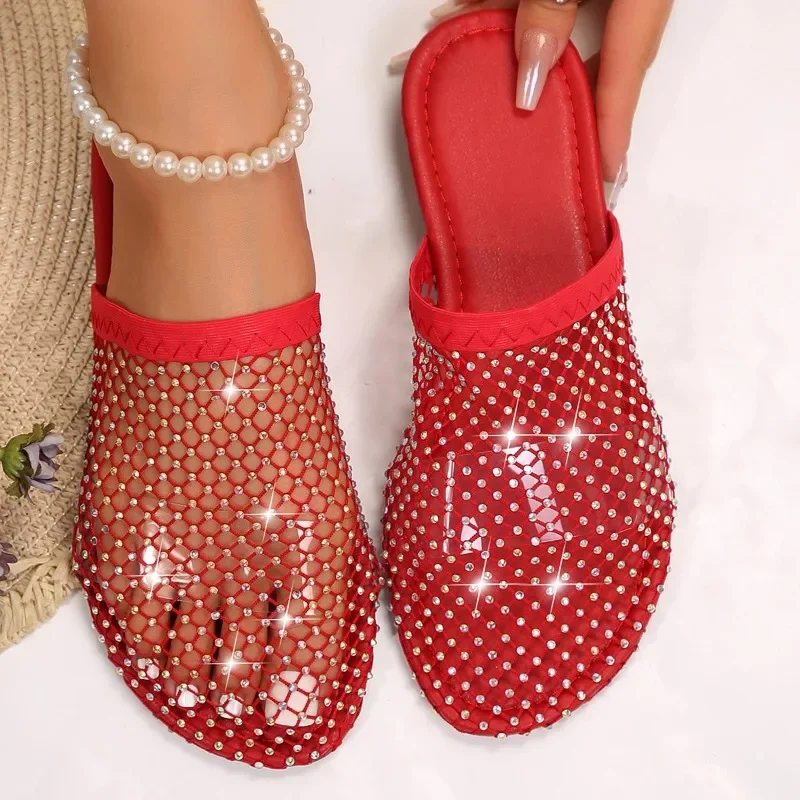 Women Slippers Summer New Round Head Slippers Water Diamond Flat Home Anti-skid Sandals Flat Beach Slides Women Zapatos De Mujer