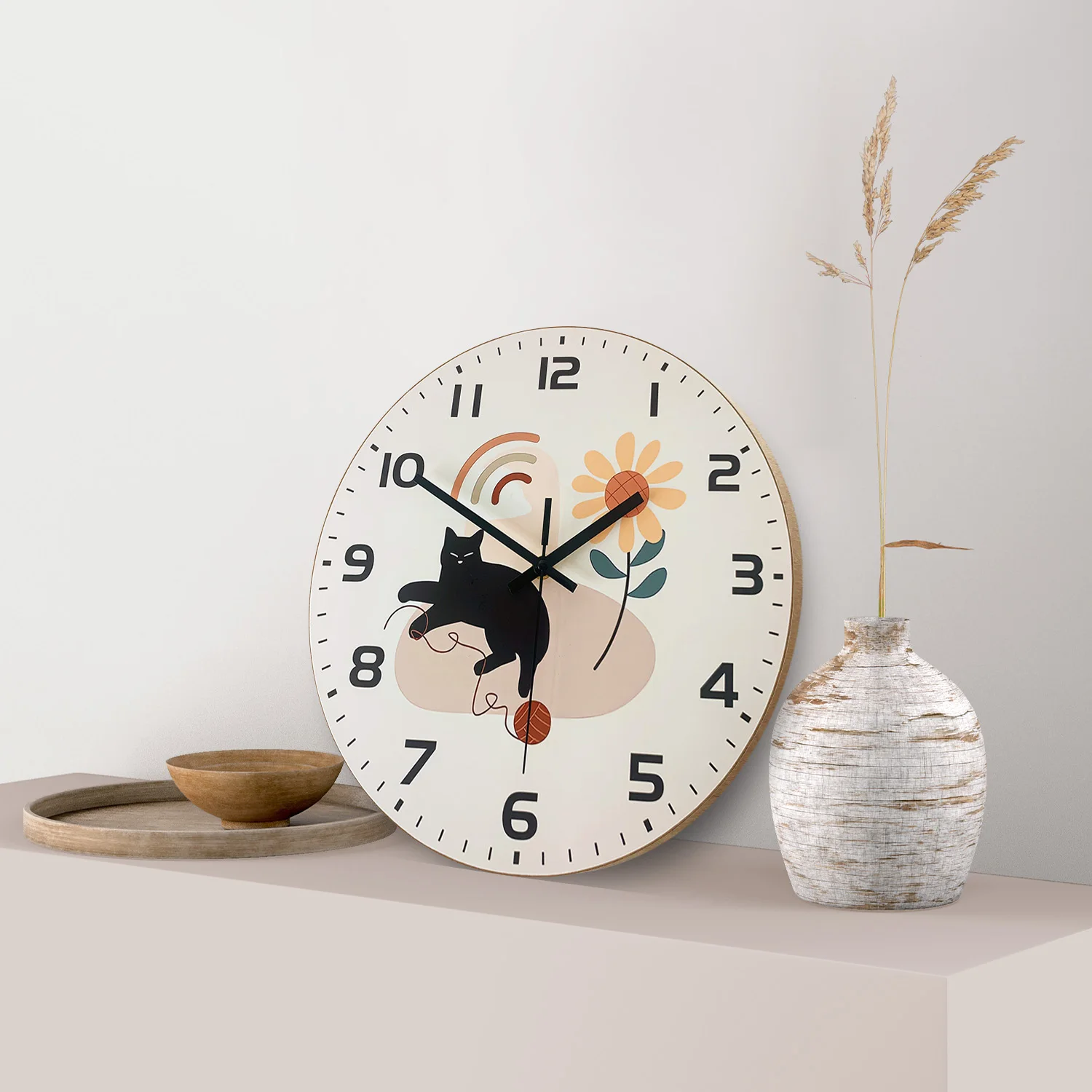 Simple Black Cat and Sunflower Pattern Wooden Wall Clock for Living Room, Bedroom, Kitchen, Home Decoration, Silent Quartz Clock, Holiday Gift, 10 Inches, 12 Inches (No Battery)
