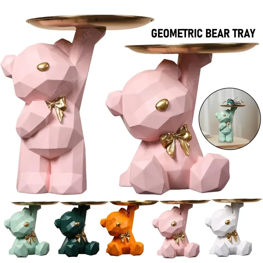 

Resin Lovely Geometric Bear Statue Key Holder Nordic Candy Tray Ornament Table Decoration Home Supplies for Entrance/Living Room