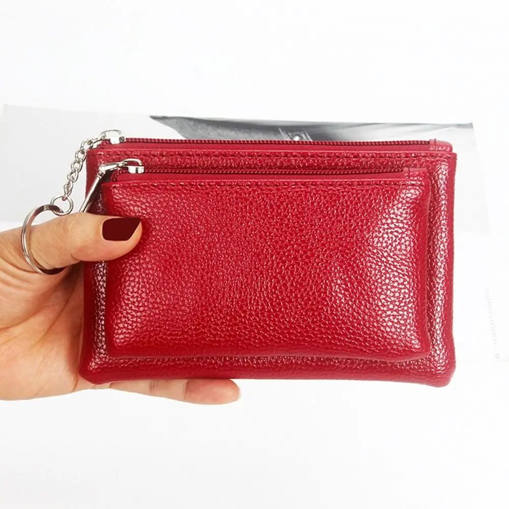 

New PU Leather Slim Wallet Lychee Pattern Zipper Coin Purse Multifunctional Solid Color Clutch