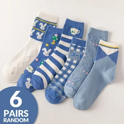 6 Pairs of Women's Spring and Autumn Cartoon Cute Animal Stripes Plaid Fashionable and Versatile Summer Mid Length Socks