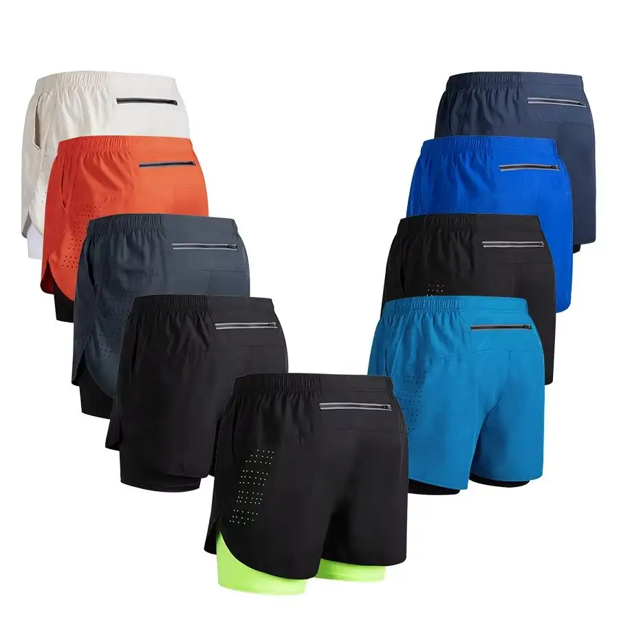 Novos calções de corrida masculinos de dupla camada de secagem rápida fitness 2-em-1 shorts masculinos esportes treino treinamento musculação shorts masculino