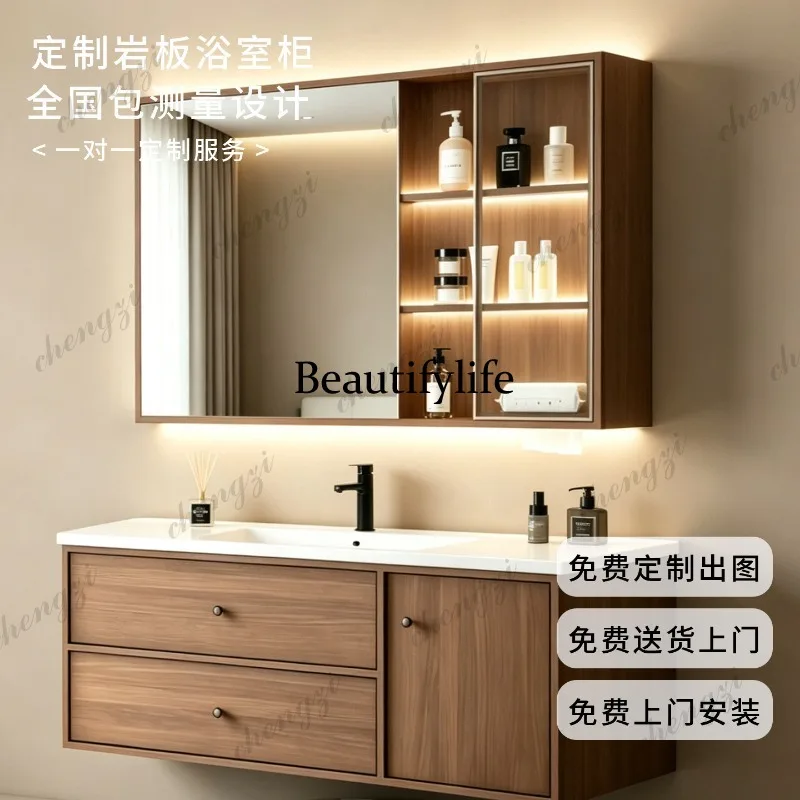 Solid wood bathroom cabinet Customized rock slab ceramic integrated bathroom Mirror cabinet Wash table