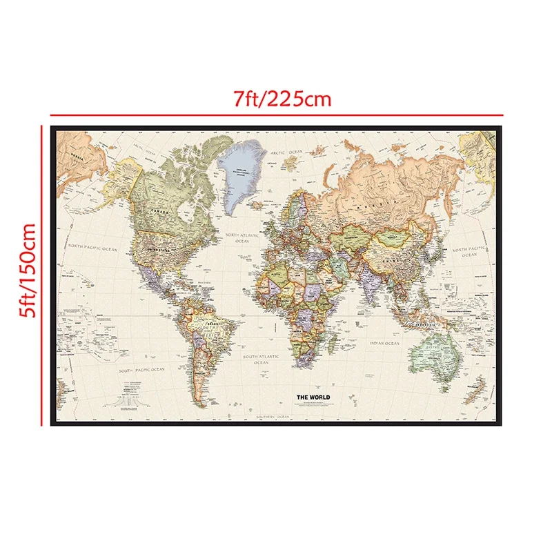 Carte du Monde Non Tissée de 225x150cm, Détaillée des Grandes Villes de chaque Pays, pour panique, l'École, la Décoration de Bureau