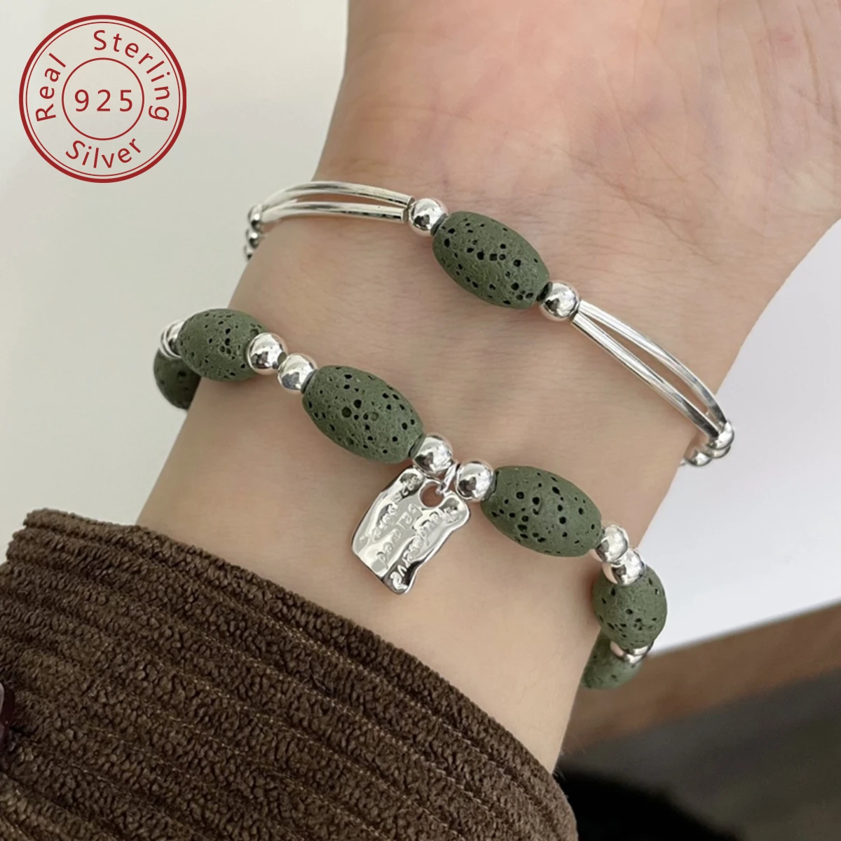 925 silver ink green natural volcanic stone elasticity bracelet set, autumn and winter new, niche design style, retro senior