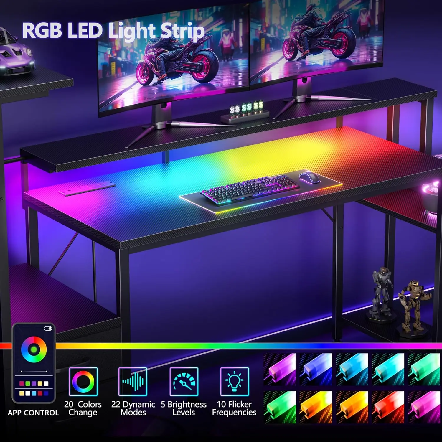 55 Inch Gaming Desk with LED Lights & Power Outlets, Fabric Drawers, Monitor Stand for Game Room & Office, Black, Customized