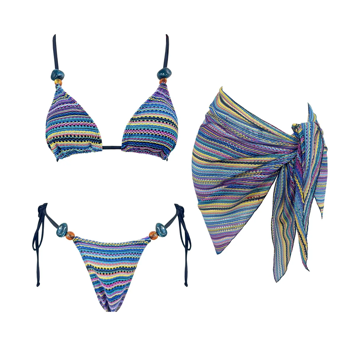 Blue Straped 3Pcs Push Up Bikini Sexy Women Swimsuit Female  Halter Swimwear Brazilian Bathing Suits Beachwear Bandeau Swim Suit