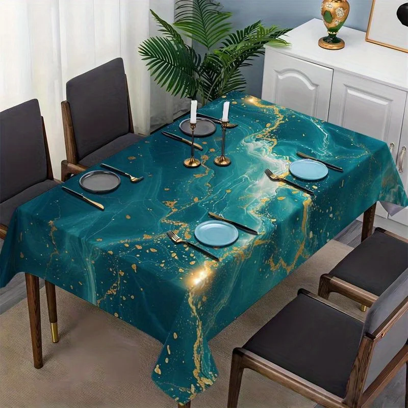 Fluid Marble Tablecloth, Teal Base With Golden Splatter Veins, Rectangular Table Cover for Kitchen & Dining Home Decor