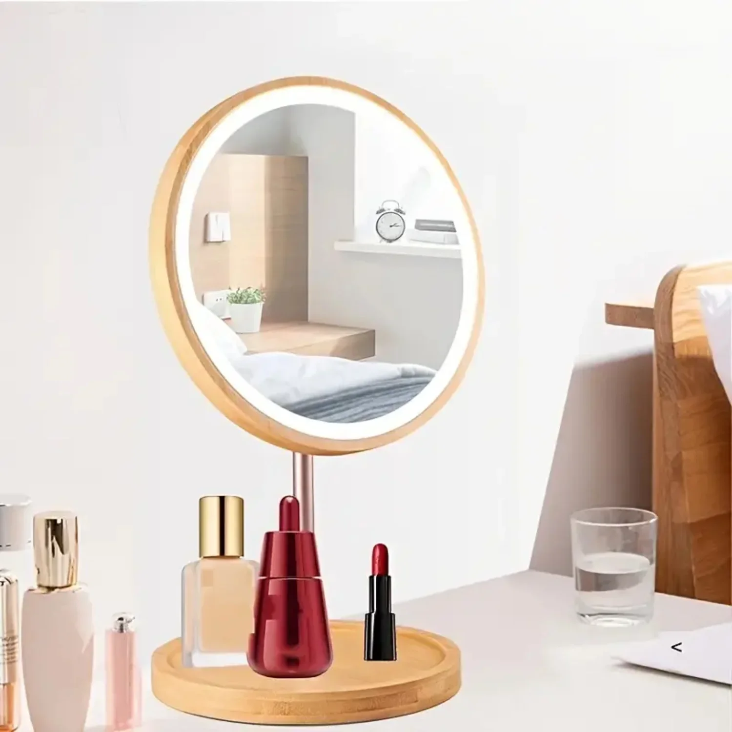 USB Rechargeable LED Bamboo Wooden Makeup Mirror, Adjustable Touch Beauty Lamp for Desktop, Cosmetic Mirrors