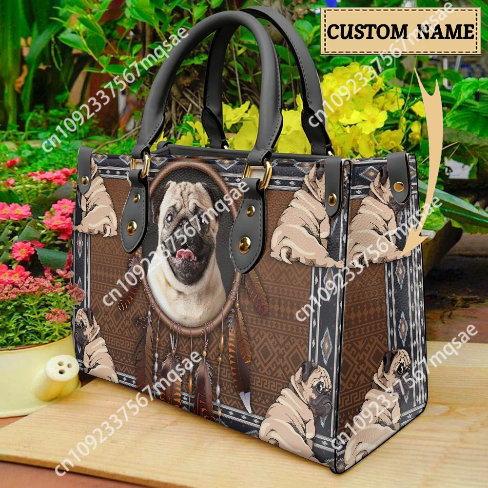 

Ladies Elegant Handbag Cute Pug Custom Name Crossbody Bags Leather Large Capacity Multifunctional Outing Business Zipper Totes